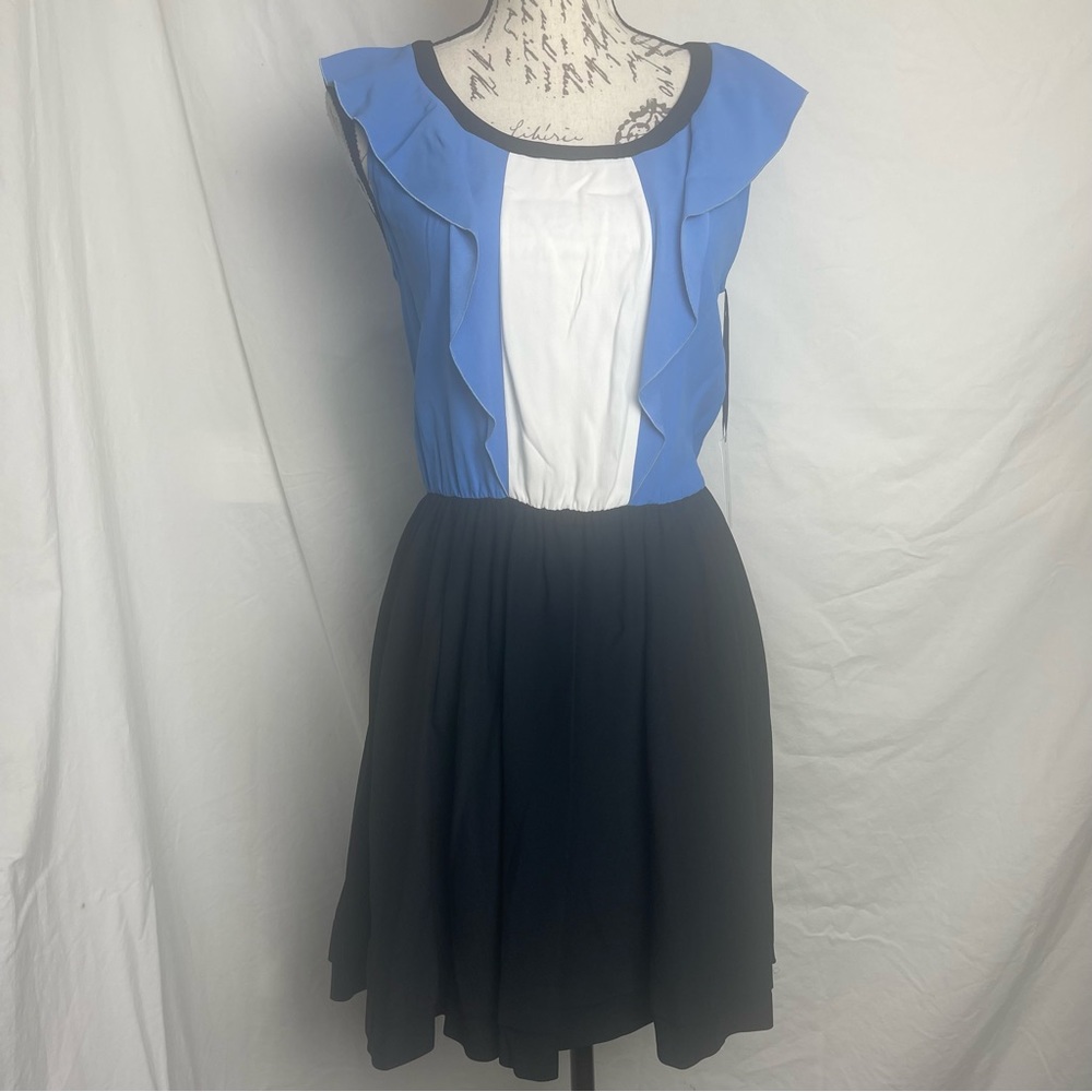 MAURO GRIFONI Color Block Blue, White and Black Ruffled Sleeveless Dress…